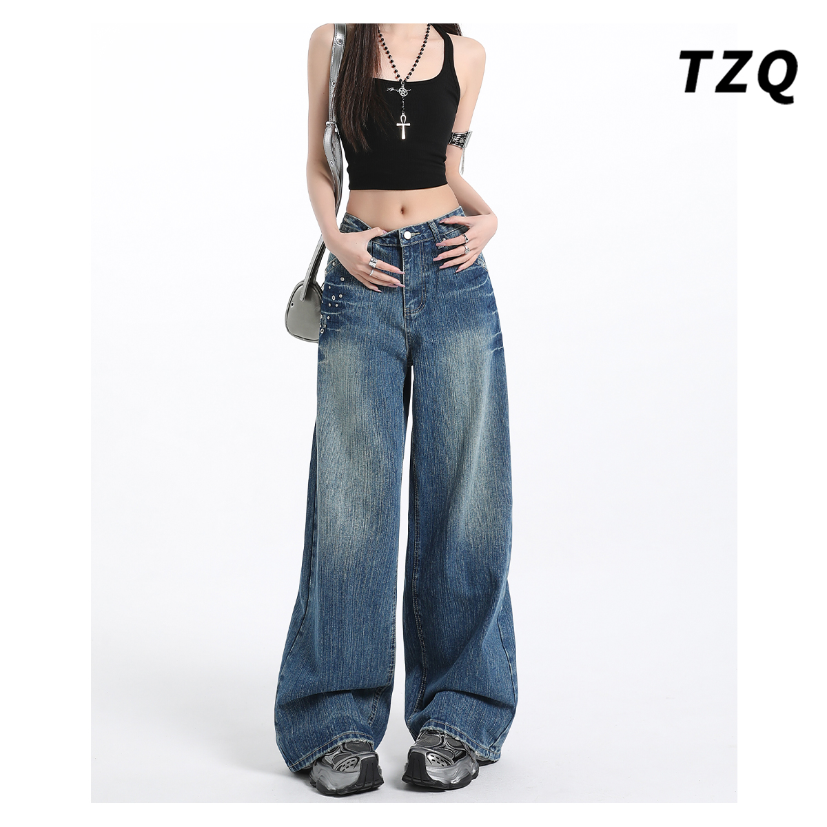 美式辣妹重工铆钉阔腿牛仔裤女夏