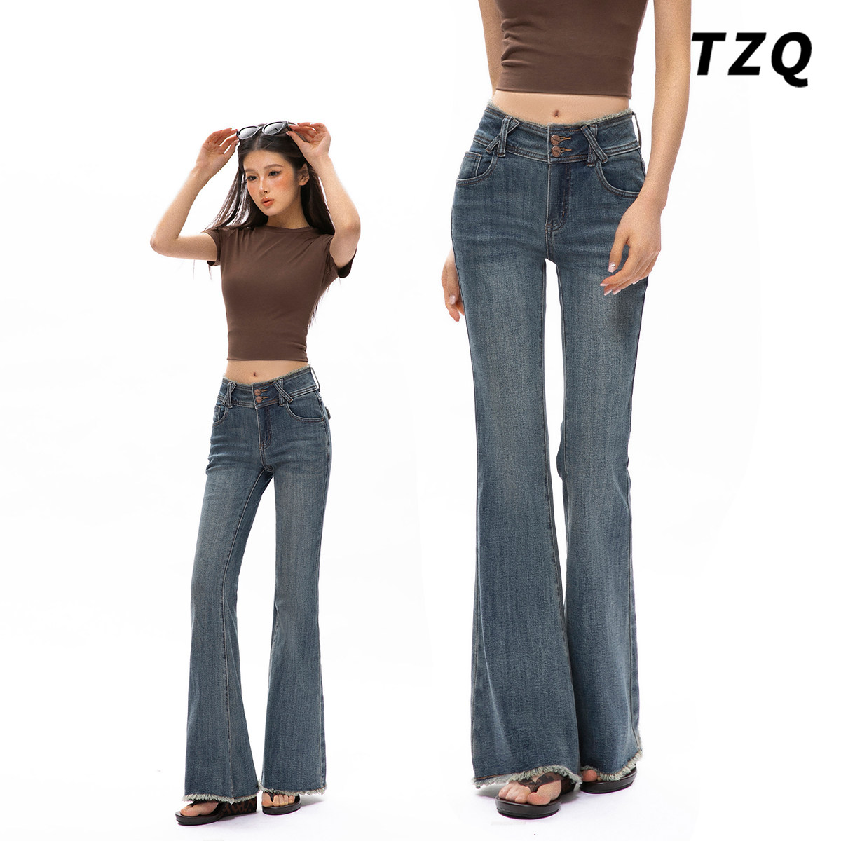 复古蓝不贴腿毛边微喇牛仔裤女冬季双扣高腰宽松显瘦拖地喇叭裤子,女装/女士精品,牛仔裤,淘宝优惠券,粉丝福利购,淘宝优惠卷