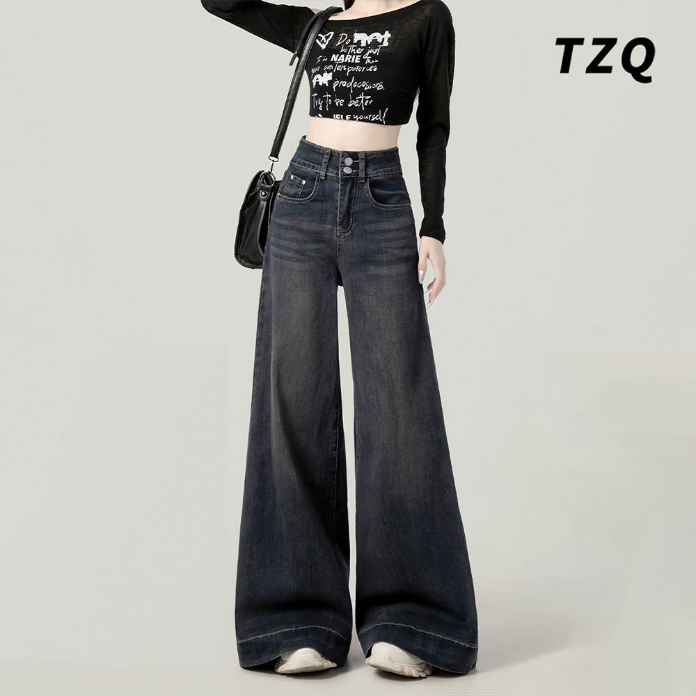 美式复古高腰阔腿牛仔裤女爆款冬