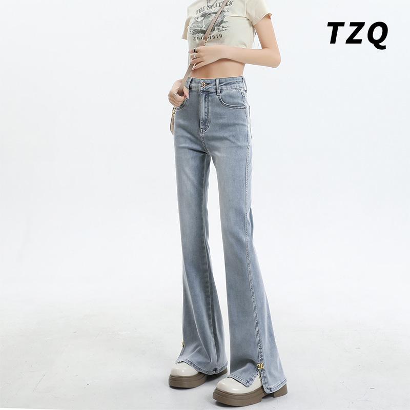 浅色微喇叭牛仔裤女爆款2025新款设计感显瘦高腰开衩马蹄喇叭裤