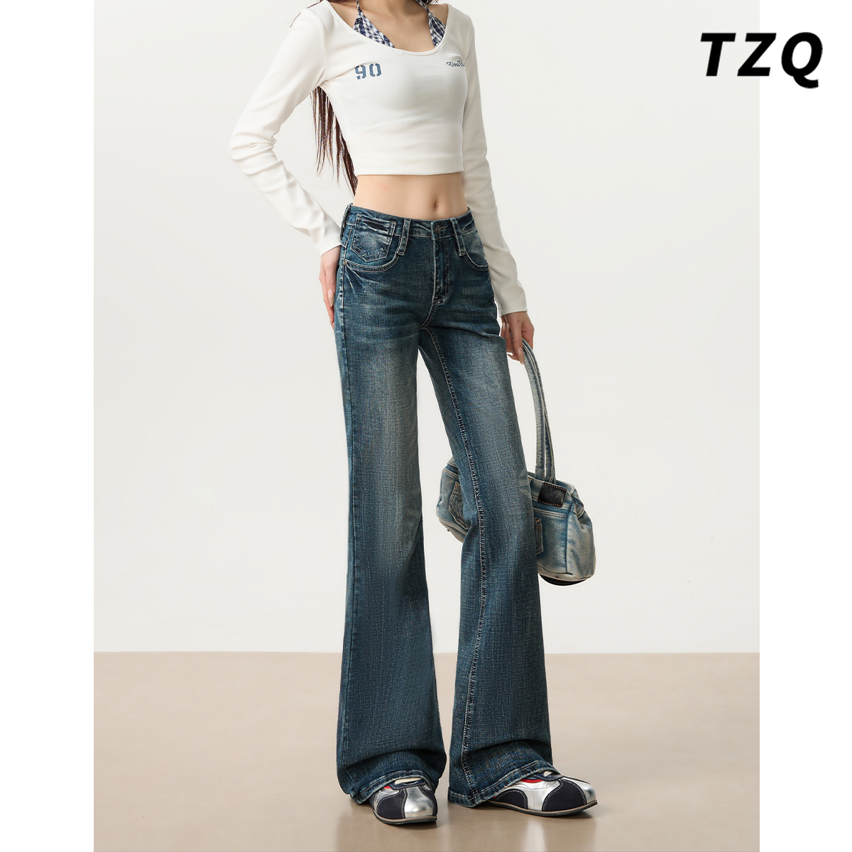 修身显瘦小个子九分马蹄喇叭裤子