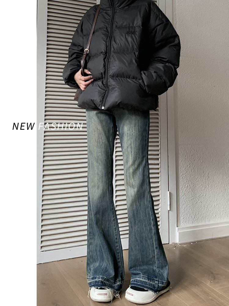 Fleece Lined Retro Flared Jeans for Women, Autumn and Winter New High Waist Slim Fit Non-Clinging Loose Wide Leg Bell Bottom Pants