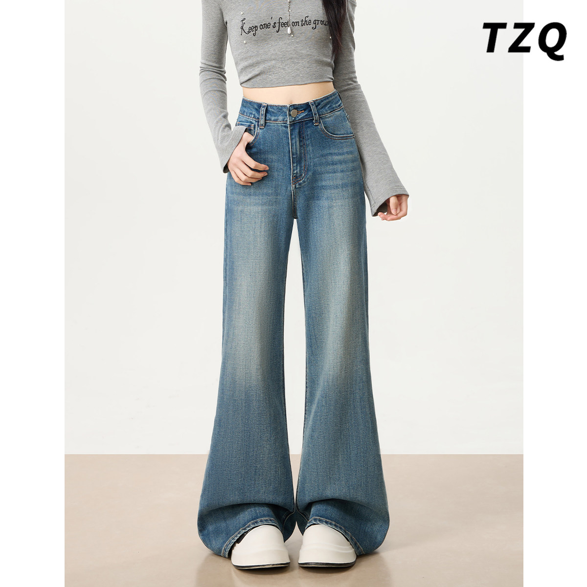 复古高腰不贴腿微喇牛仔裤女爆款