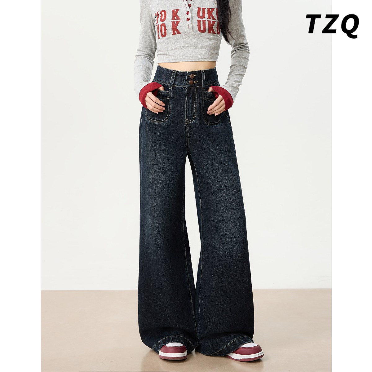 深蓝色加绒阔腿牛仔裤女2025冬季宽松垂感慵懒松弛感小个子拖地裤,女装/女士精品,牛仔裤,淘宝优惠券,粉丝福利购,淘宝优惠卷