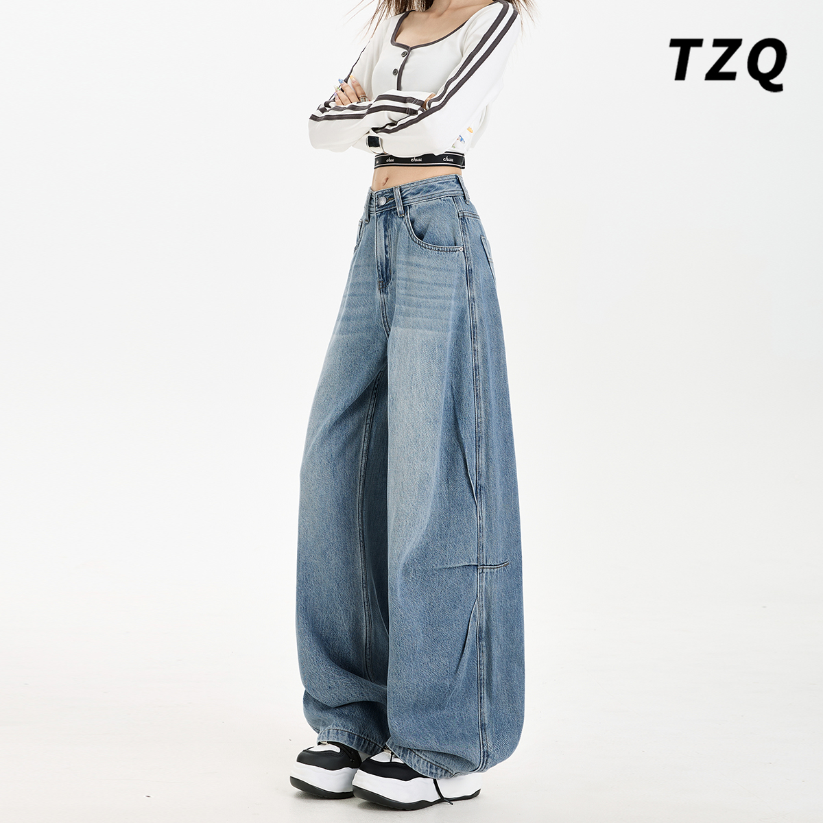 复古拼接设计感弯刀牛仔裤女秋冬