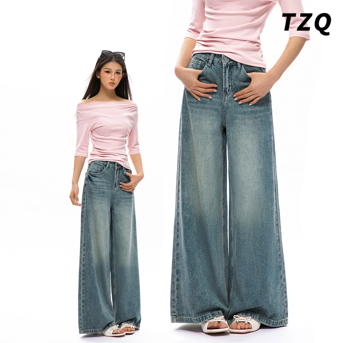 浅蓝色复古垂感阔腿牛仔裤女秋冬加绒高腰显瘦宽松垂感拖地直筒裤,女装/女士精品,牛仔裤,淘宝优惠券,粉丝福利购,淘宝优惠卷