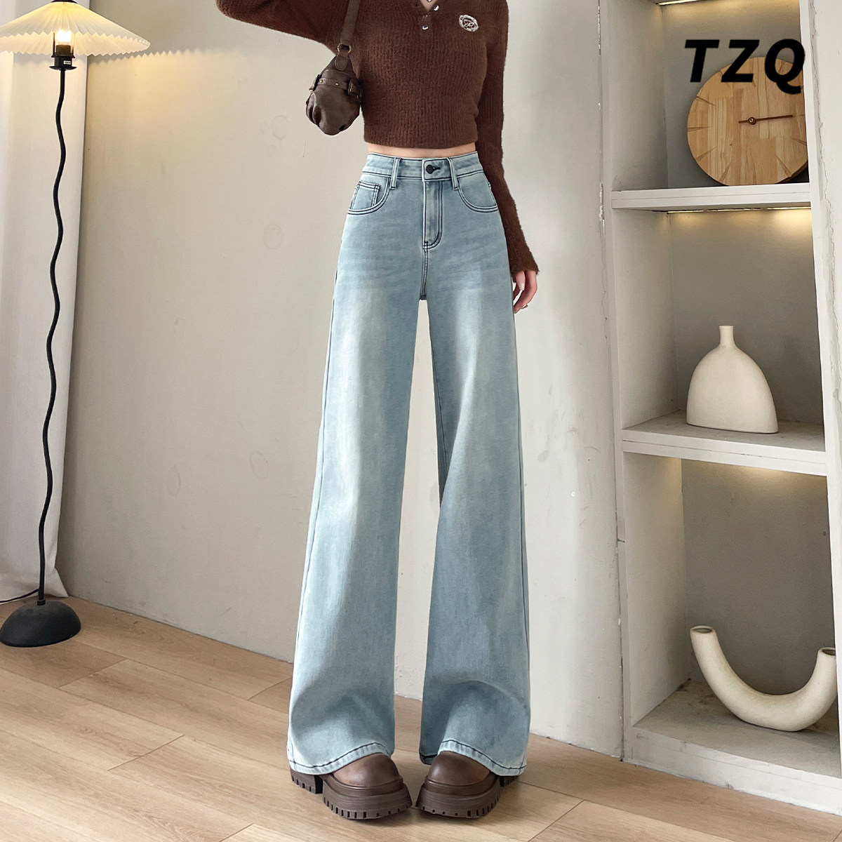 新款高腰刺绣宽松显瘦时髦喇叭裤