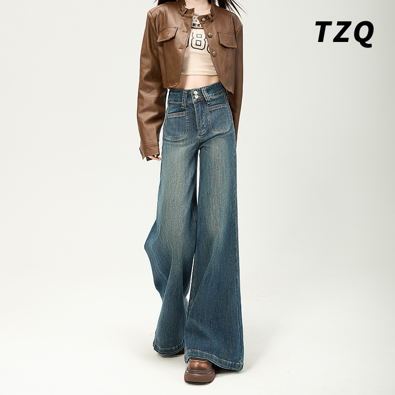 美式复古阔腿牛仔裤女2025春薄款