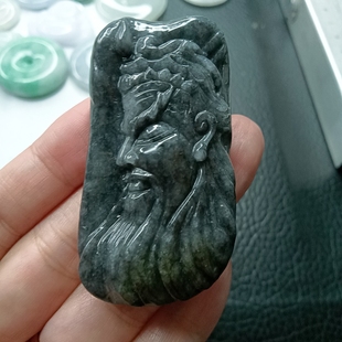 缅甸天然翡翠玉乌鸡关公吊坠