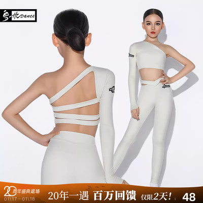 皇朝拉丁舞服女儿童斜肩单边袖后背带子上衣练习服H6457+H7390