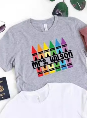 亚马逊独立站热卖KINDERGARTEN TEACHER爱心字母印花圆领短袖T恤