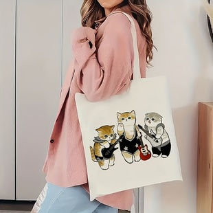 跨境爆款 学生党上课出街大容量高颜值帆布包 日系卡通猫猫图案