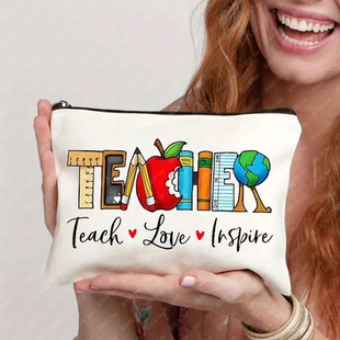 Teacher教師印花帆布化妝包收納雜物包手拿袋INS跨境熱賣 爆款