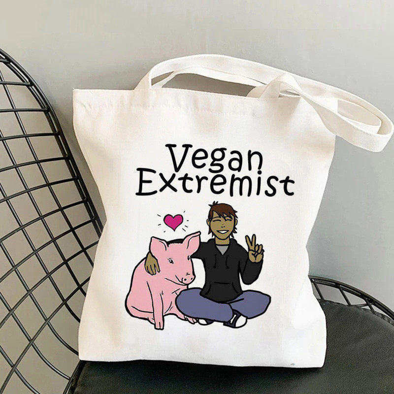 跨境外贸Vegan素食主义者印花帆布包原宿单肩包时尚手提购物袋