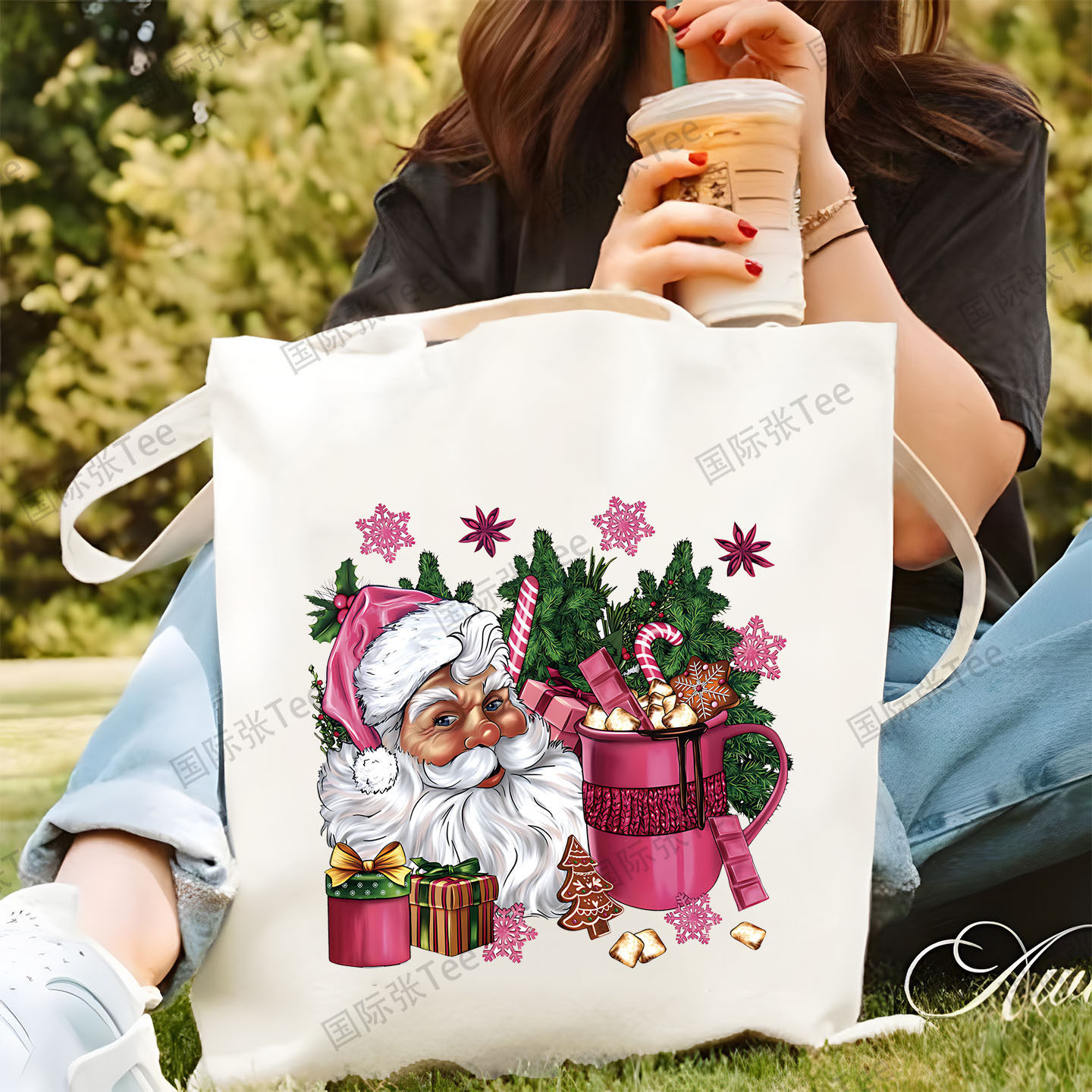 跨境亚马逊热卖圣诞老人帆布包学生手提帆布袋圣诞节单肩礼物