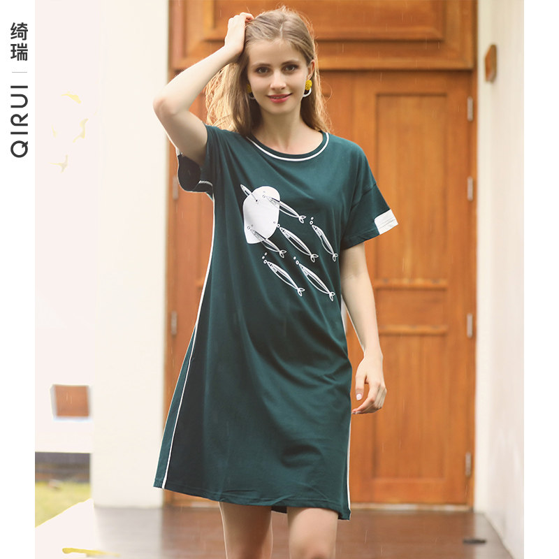 绮瑞女士夏季睡裙短袖纯棉印花睡衣女夏可外穿大码全棉薄款居家裙