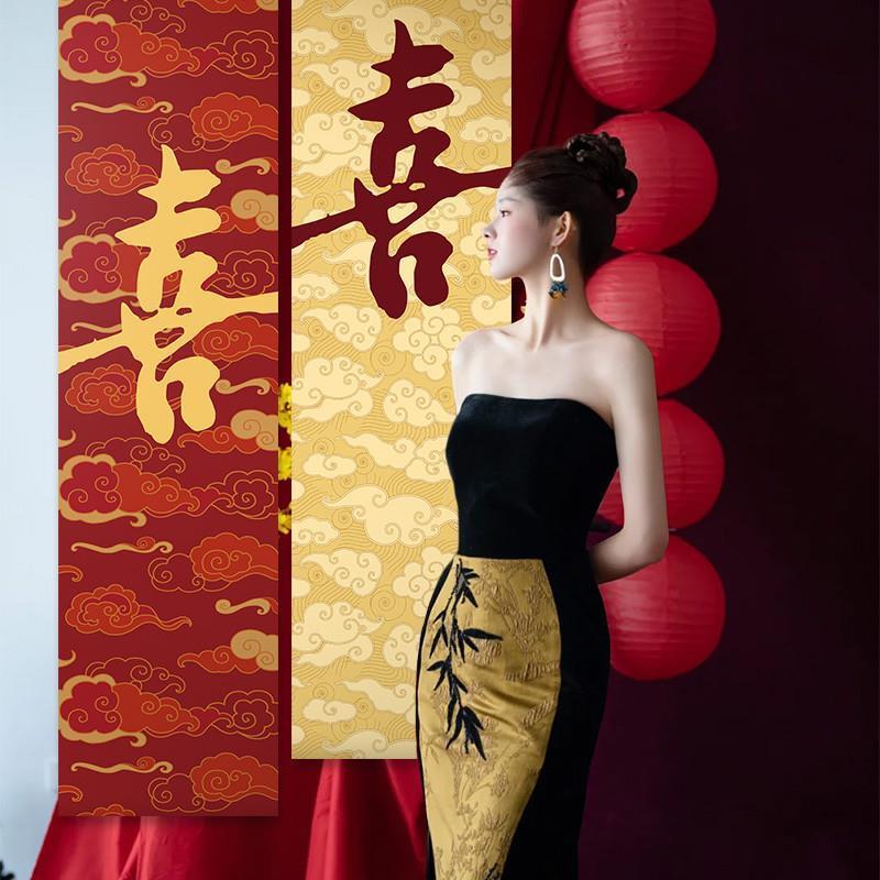 新中式订婚祥云挂布条幅结婚礼婚房布置装饰喜字新娘晨袍拍摄背景