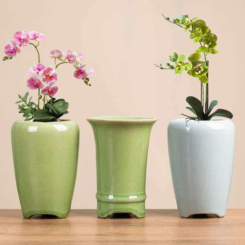 复古兰花花盆陶瓷哥窑家用高款办公桌文竹老桩绿植盆景摆件带托盘