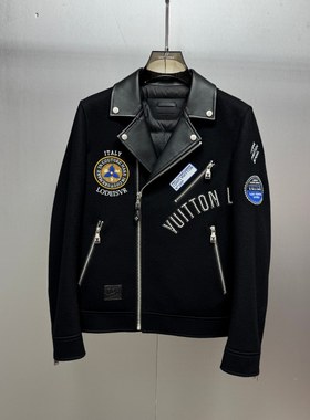 欧货25男秋冬款羊毛拼接鹅绒真皮刺绣网红款痞帅翻领夹克羽绒外套