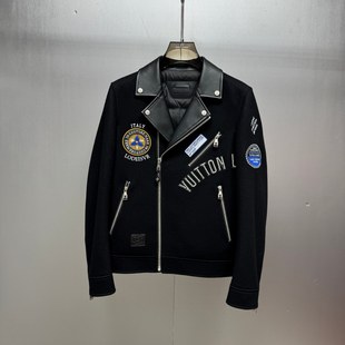 欧货25男秋冬款羊毛拼接鹅绒真皮刺绣网红款痞帅翻领夹克羽绒外套