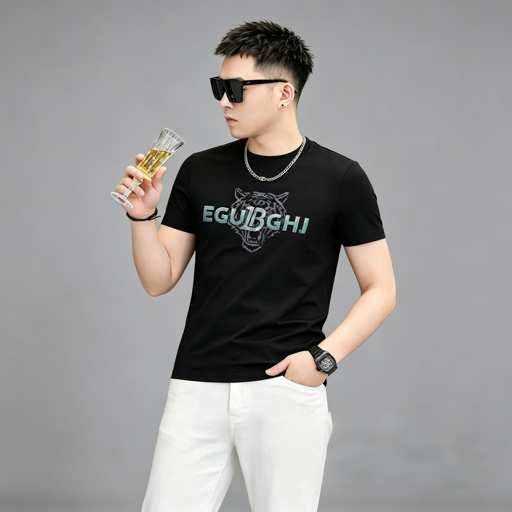 欧货轻奢字母刺绣短袖T恤男夏季