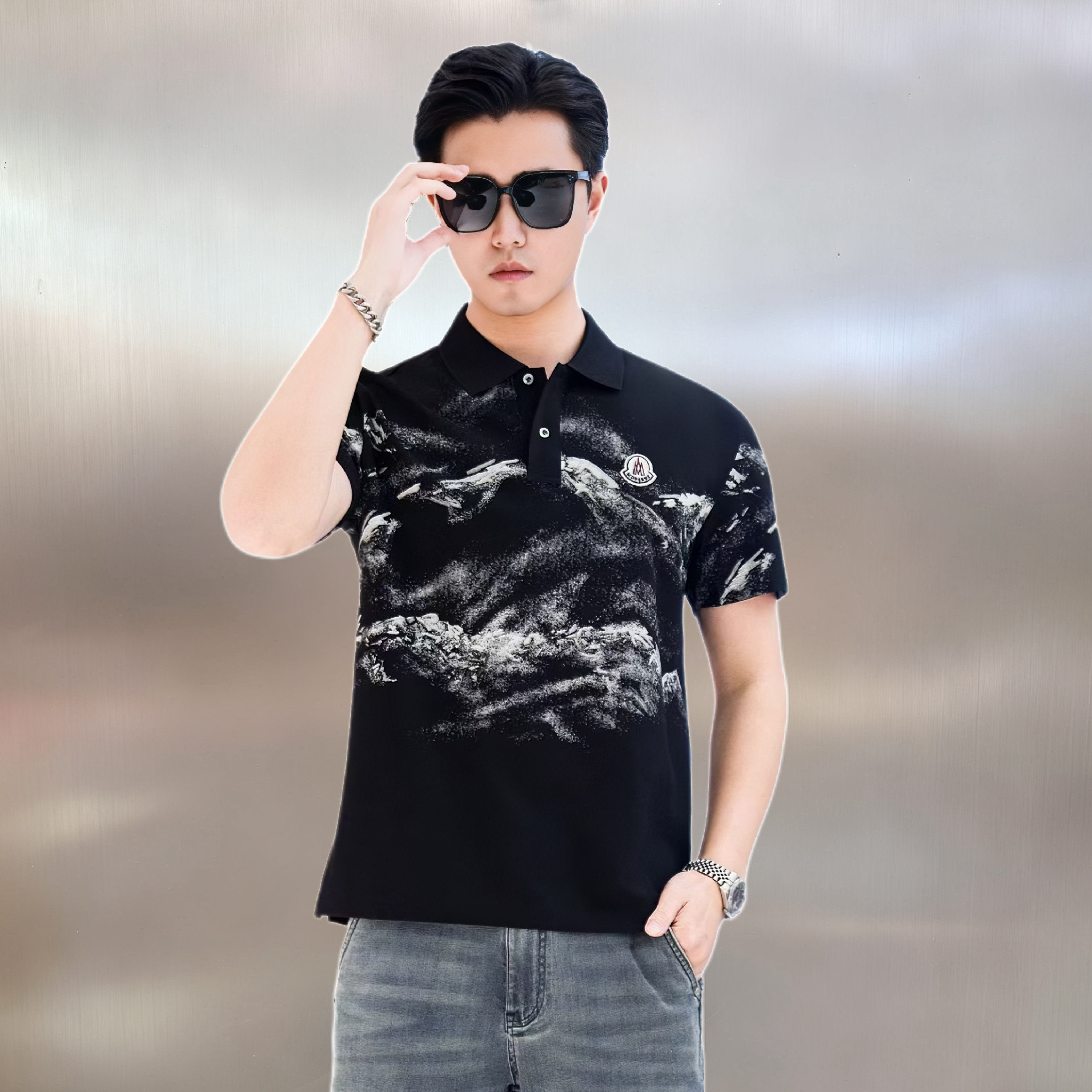 POLO衫男2026夏季新款潮牌徽章帅气修身晕染设计翻领纯棉短袖T恤