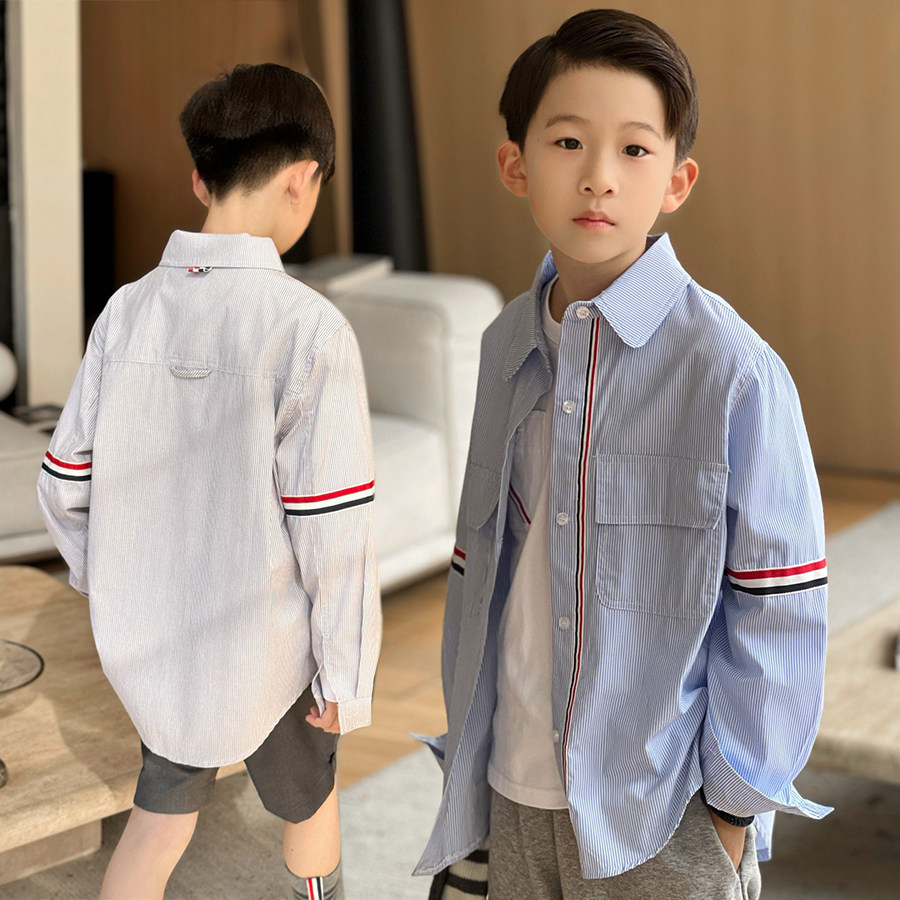 tb蓝色细条纹衬衫男童儿童宽松衬衫春夏日韩风修身全棉翻领上衣