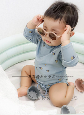 ins款ks男宝蓝色泳衣男童长袖连体泳装儿童上衣泳裤宝宝防晒泳帽