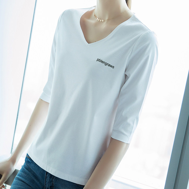 中袖t恤女2020秋装新款七分袖打底衫定制体恤宽松刺绣V领白色上衣