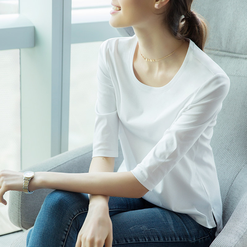 白色t恤女中袖2020秋装新款韩版宽松百搭上衣七分袖大码圆领体恤