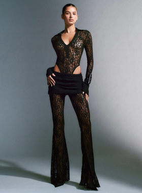 Sexy lace long sleeved tops slim fit transparent pants women