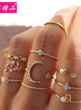 跨境星月镶钻爱心珍珠关节戒指女