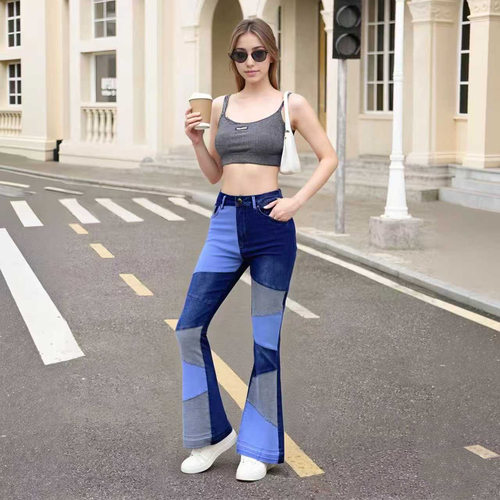 Summer retro High Waist Jeans Splicing flared pants women