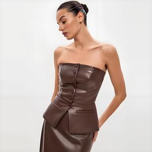 strapless sexy top vest tops Women Leather single