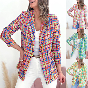plaid lapel jacket spring female suit Autumn fit lady slim