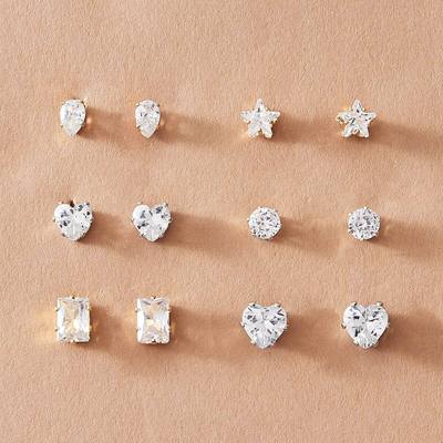 Peach geometric zircon Stud earrings 6 pairs 气质锆石耳环钉