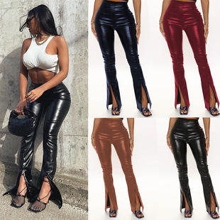 women waisted pants Spring high slit leather sexy elastic