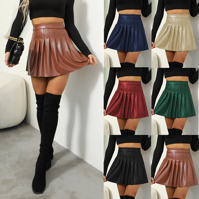 New women PU leather short skirt sexy skirt pleated skirt 裙