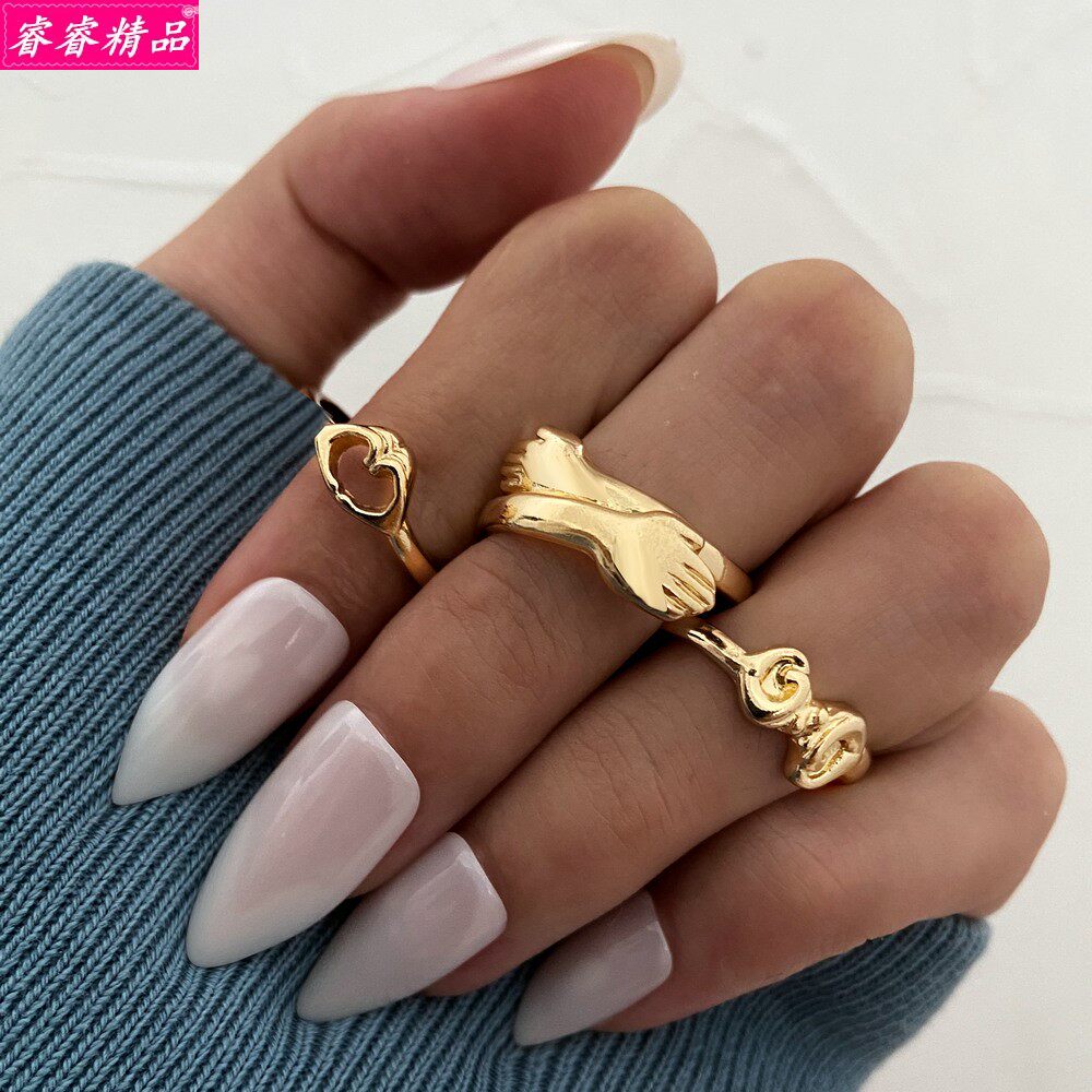 3pcs embrace hands retro joint rings creative alloy ring set