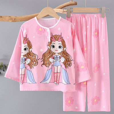 心怡熊女童睡衣儿童夏季棉绸睡衣长袖绵绸中大童润润家居服男套装