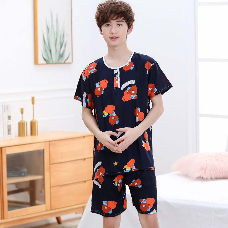 夏季青少年棉绸睡衣短袖短裤绵绸薄款男童大童初中高中学生家居服图片