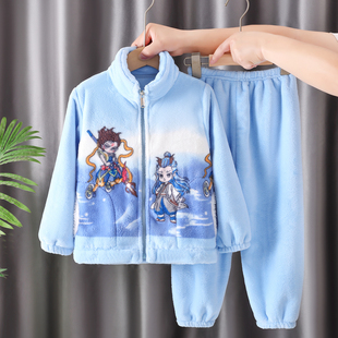 哪吒儿童法兰绒睡衣家居服套装男童女童秋冬款加厚保暖睡衣天鹅绒