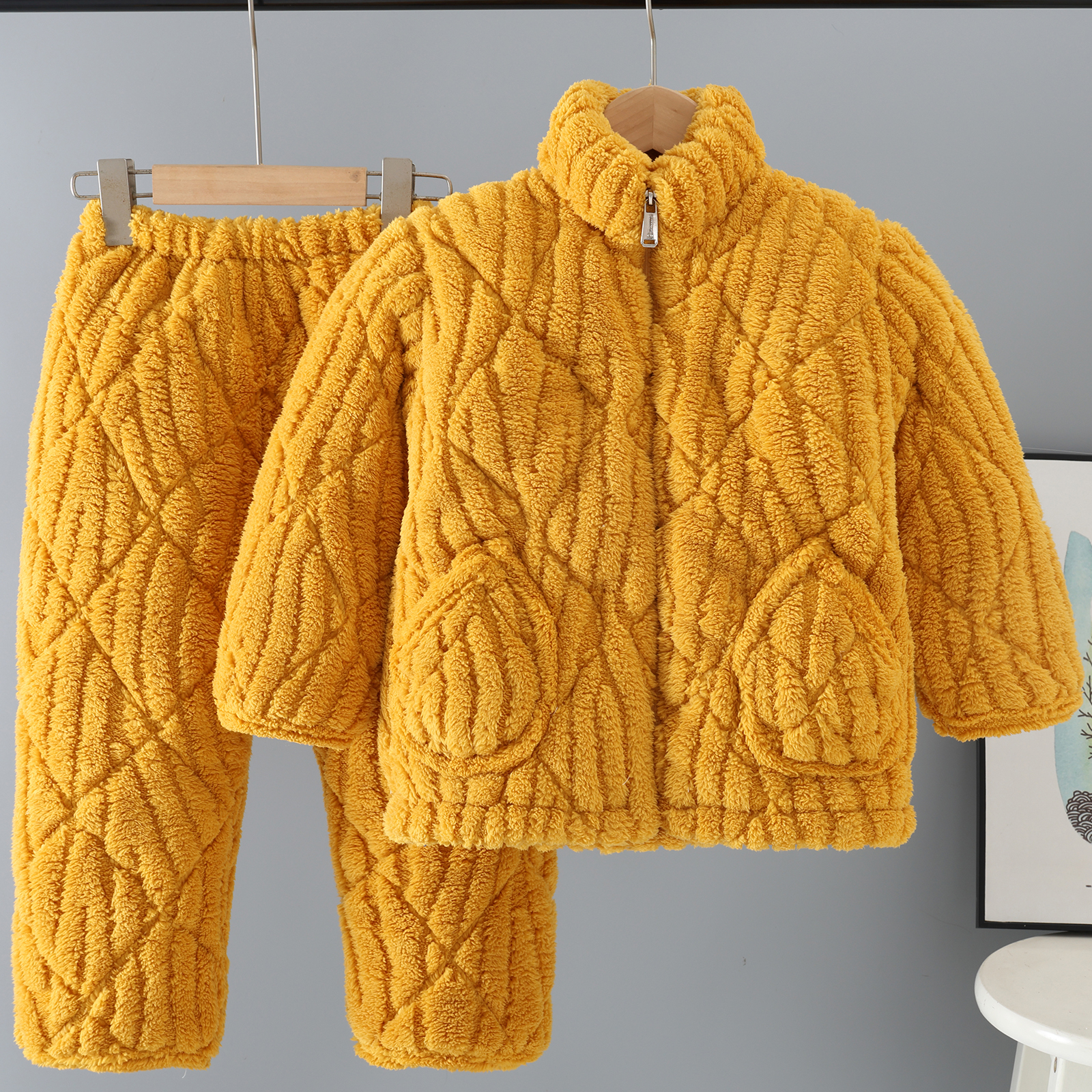 儿童睡衣冬季棉袄加绒超厚法兰绒小中大童男女宝宝家居服拉链套装