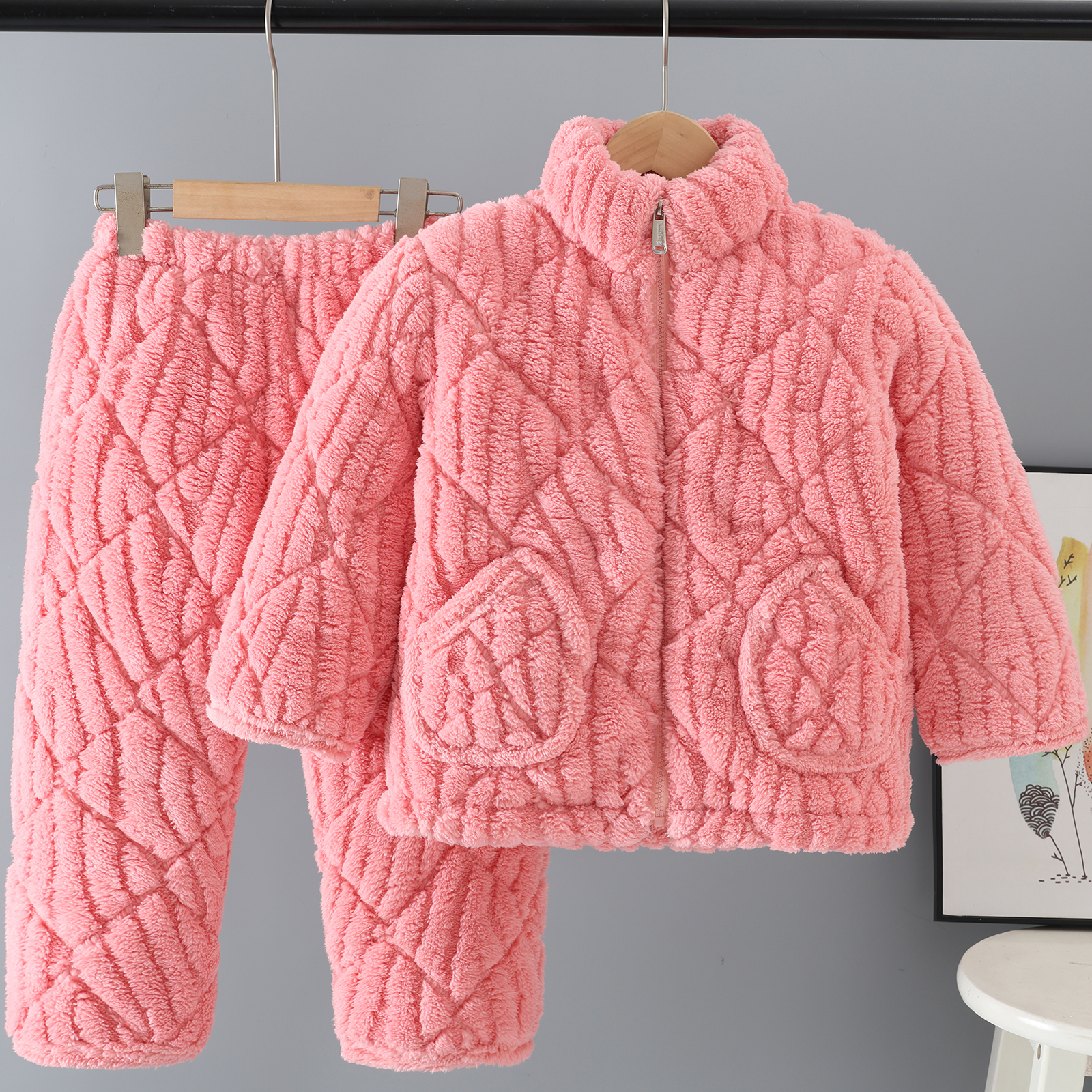 超厚儿童睡衣冬季棉袄加绒法兰绒小中大童男女宝宝家居服拉链套装