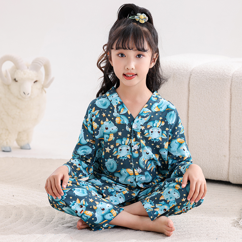 2025新款儿童绵绸睡衣薄款夏季男童莱赛尔长袖女童棉绸宝宝家居服