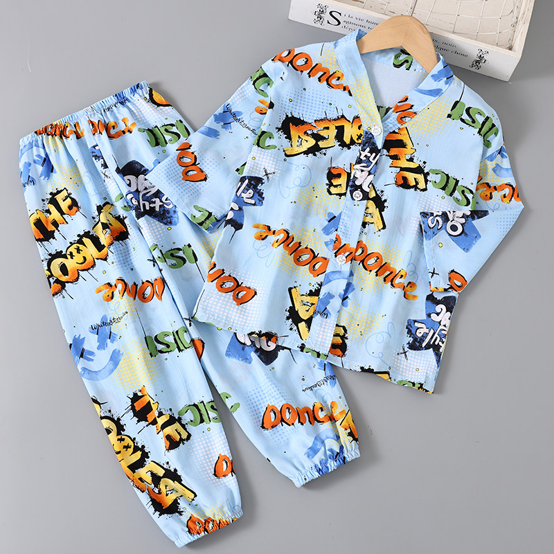 儿童棉绸睡衣男童女童夏季七分袖薄款套装女孩宝宝绵绸空调家居服