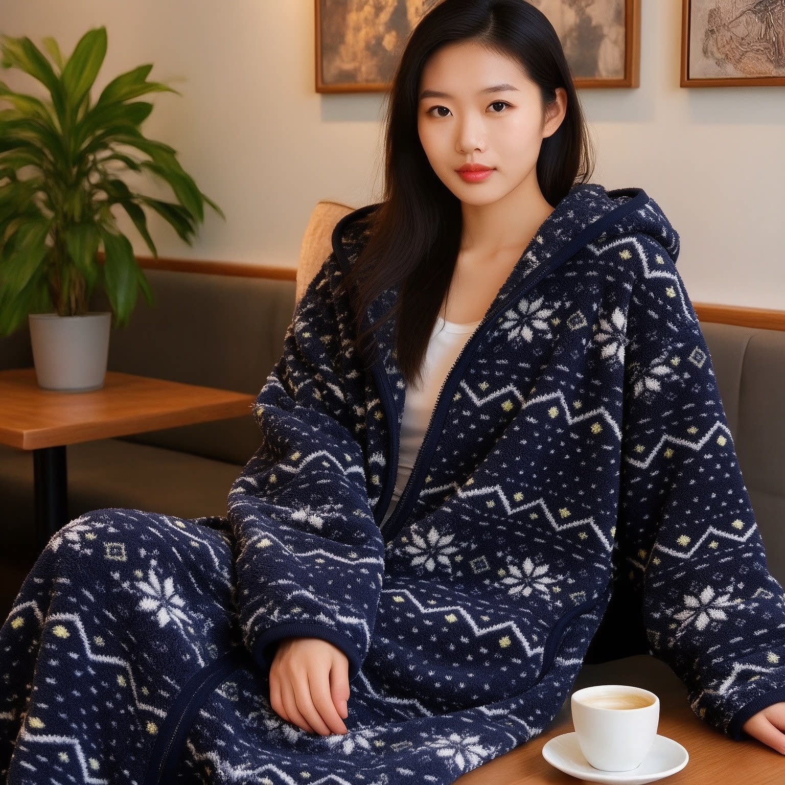 珊瑚绒加厚连帽拉链长款睡裙睡袍