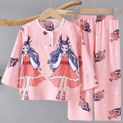 哪吒儿童夏季睡衣长袖绵绸中大童睡衣家居服男女童敖润空调服套装