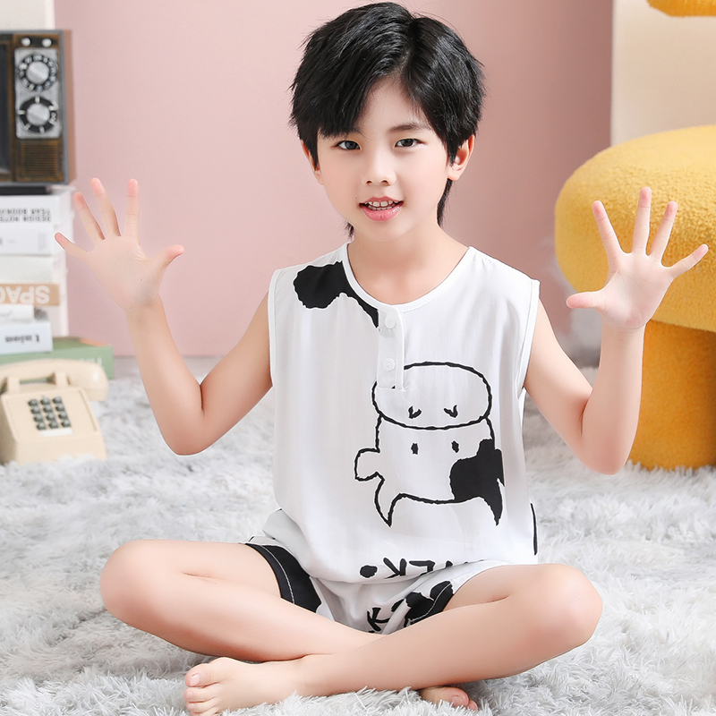 夏季背心睡衣儿童棉绸男童宝宝小孩无袖男孩中大童薄款绵绸家居服