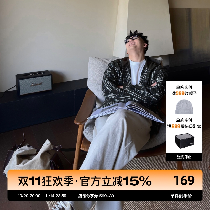 SANBAI叁佰绿色连帽格纹
